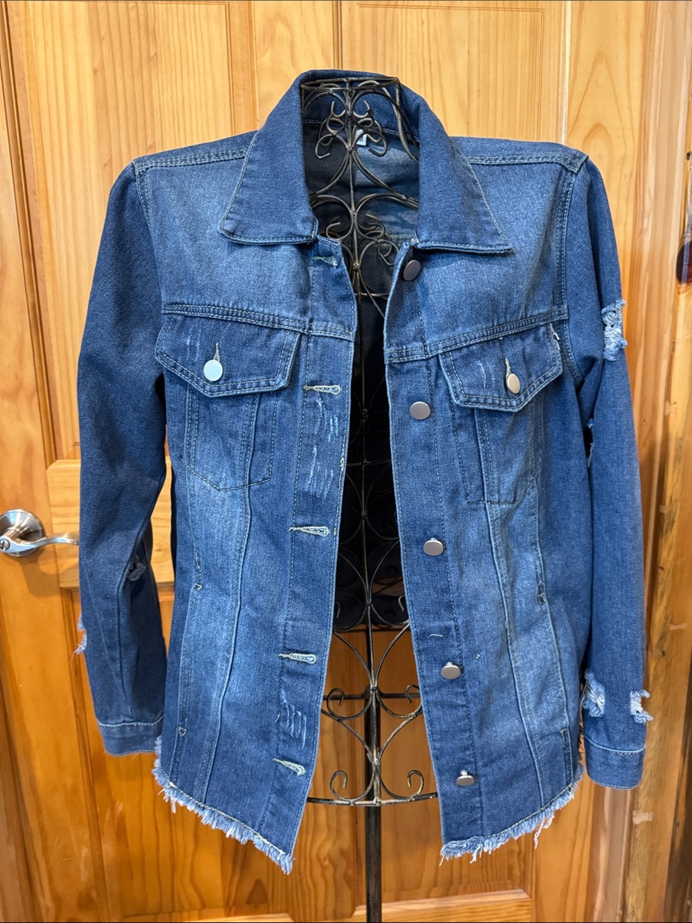 Dark Blue Distressed Denim Jacket with Frayed Hem
